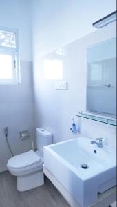 a white bathroom with a toilet and a sink at Ananthaya -the infinity in Kalutara