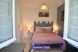 een slaapkamer met een bed, 2 lampen en een raam bij Villa des 4 saisons in Saint-Trojan-les-Bains