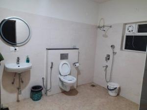 a bathroom with a toilet and a sink and a mirror at The RusticVibe-Villa with Garden 30 km frm Ecity in Bangalore