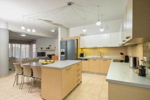 a large kitchen with a island and a counter top at Villa Serenity in Ialyssos
