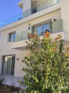 una persona che guarda fuori dalla finestra di un edificio di Katikies Superior Villa a Pissouri