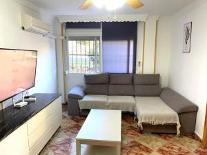 ein Wohnzimmer mit einem Sofa und einem TV in der Unterkunft Gransol con piscina 600m playa in Rincón de la Victoria