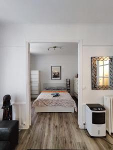 een slaapkamer met een bed en een grote spiegel bij Nice and cozy 1b apartment in the heart of Paris in Parijs