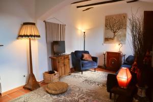 a living room with a blue chair and a television at Casa Paradís in Callosa d'en Sarrià