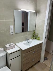a bathroom with a sink and a mirror and a toilet at Cozy apartment next to center in Seville
