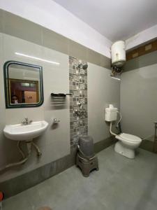 a bathroom with a sink and a toilet and a mirror at Hotel D S Residency Varanasi in Varanasi