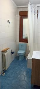 a bathroom with a blue toilet and a window at Eira do vento in Cangas de Morrazo