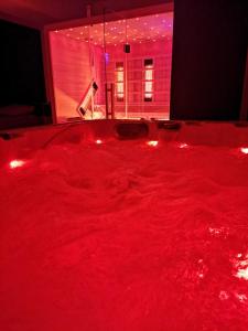 a room with a red rug in a room with a window at Spa Hera 