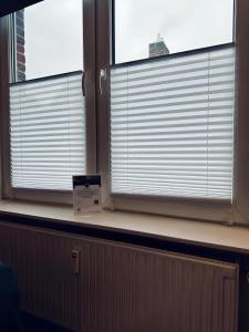 duas janelas com persianas abertas e uma caixa no parapeito da janela em FeWo Burgnest em Bad Bentheim