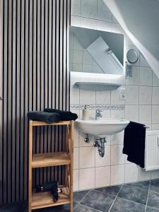 uma casa de banho com um lavatório e um espelho em FeWo Burgnest em Bad Bentheim