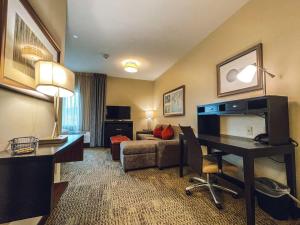 Habitación de hotel con escritorio, sofá y cama en Hotel Room Kitchen Free parking Washer&Dryer Gym Relux Studio Group 2 en Houston
