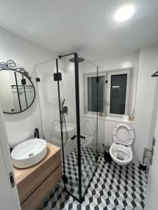 uma casa de banho com um WC, um lavatório e um chuveiro em The best location in Jerusalem2 em El Muṣrāra