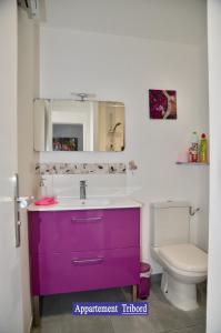 La salle de bains est pourvue d'un lavabo violet et de toilettes. dans l'établissement Villa des 4 saisons, à Saint-Trojan-les-Bains