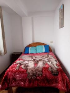 1 dormitorio con 1 cama con manta roja y almohadas azules en Black Sheep Hostel Cusco, en Cusco
