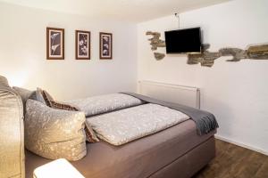 ein Wohnzimmer mit einem Sofa und einem Flachbild-TV in der Unterkunft Gästehaus Vis à Vis 
