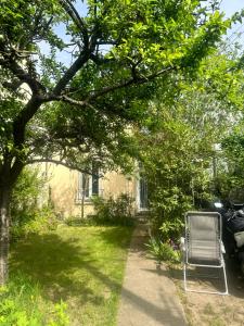 a chair sitting under a tree in a yard at Maison avec Jardin proche Porte Maillot in Colombes