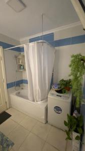 a bathroom with a tub with a shower curtain at Gardinia city compound, Nasr city in Cairo