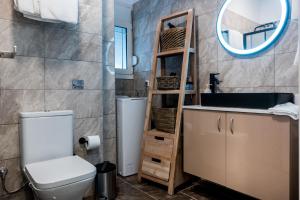 Un baño con inodoro, lavabo y espejo. en Meda Apartments, en Preveza 79 fotos más