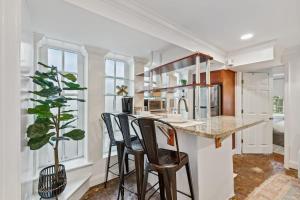a kitchen with a counter with chairs and a plant at Unique & Charming 2 Bedroom One Block to King St in Charleston