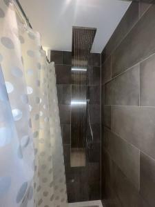 La salle de bains est pourvue d'une douche avec rideau de douche. dans l'établissement NDO DARTFORD LUXX PRIVATE ENSUITE-ROOM, à Dartford