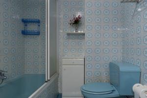 a bathroom with a blue toilet and a bath tub at El clavelar del Sablón in Llanes +12 photos