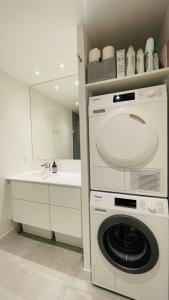 a washer and dryer in a bathroom with a sink at ApartmentInCopenhagen Apartment 1566 in Copenhagen