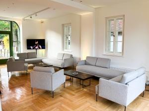 a living room with two couches and a tv at Jagdschloss Friedrichsmoor in Neustadt-Glewe