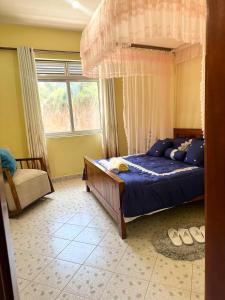 Schlafzimmer mit einem Bett mit blauer Bettwäsche und einem Fenster in der Unterkunft Dangotte Residence Lounge in Kabale