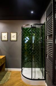 una ducha en una habitación con cristal verde en Apartamenty Nowa Ruda, en Nowa Ruda