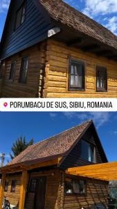 una casa de madera con un cartel en el costado en Little Bear Lodge, en Sibiu
