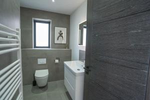 bagno con servizi igienici, lavandino e porta di Seiriol Lodge a Llangefni