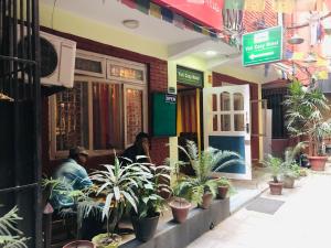 due uomini seduti davanti a un negozio con delle piante di Yeti Cozy Hotel a Kathmandu