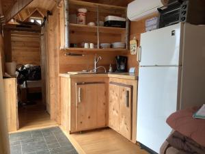 a kitchen with a white refrigerator and wooden cabinets at Lakeside Tiny Cozy Retreat in Ulster