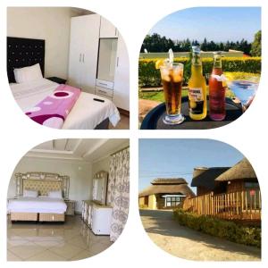 three pictures of a hotel room with a bed and drinks at Rest Camp Lodge in Manzini