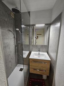 a bathroom with a shower and a sink and a mirror at La Croix du Sud in Valmeinier