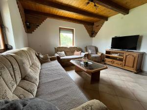 Lipik的住宿－Kuća za odmor Balog，带沙发和电视的客厅