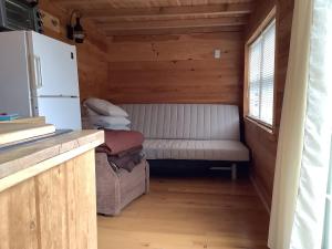 Habitación pequeña con sofá y nevera. en Lakeside Tiny Cozy Retreat en Ulster