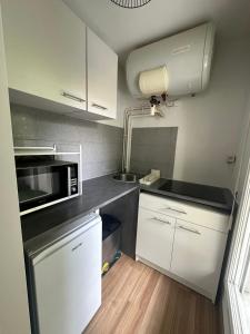 een kleine keuken met witte kasten en een magnetron bij Appartement cosy, proche Paris in Rosny-sous-Bois