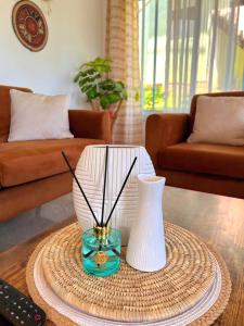 a coffee table with a vase and a vase at Akiba Guests Houses in Kribi