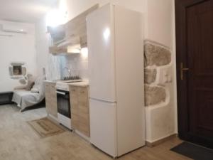a kitchen with a white refrigerator and a stove at Pandera areopoli in Areopolis