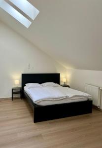 布拉格的住宿－Sleep&Go，一间卧室配有一张带白色床单和天窗的床。
