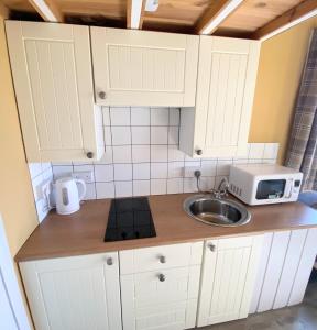 een kleine keuken met een wastafel en een magnetron bij Blair Tiny House with Private Hot Tub - Pet Friendly- Fife - Loch Leven - Lomond Hills in Dunfermline