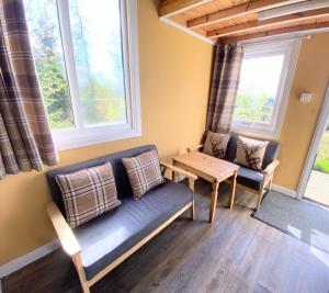 a living room with a couch and two windows at Blair Tiny House with Private Hot Tub - Pet Friendly- Fife - Loch Leven - Lomond Hills in Dunfermline