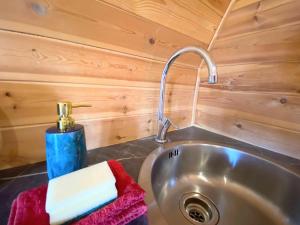 a kitchen sink with a faucet in a tiny house at Pond View Pod 1 with Outdoor Hot Tub - Pet Friendly - Fife - Loch Leven - Lomond Hills in Kelty