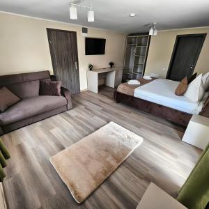 Habitación de hotel con cama y sofá en Pensiunea Andrei Moieciu, en Moieciu de Jos