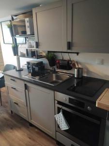 a kitchen with a sink and a stove at Home Apartman in Nagyesztergár