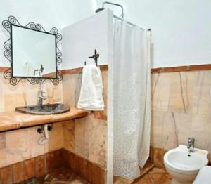ein Badezimmer mit Waschbecken, Toilette und Spiegel in der Unterkunft El Retiro Vivienda Rural in Villanueva del Rey + 15 Fotos