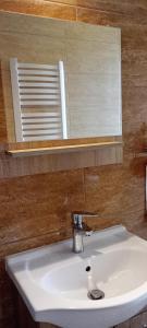 La salle de bains est pourvue d'un lavabo blanc et d'un miroir. dans l'établissement Orzechowy Raj, à Lechów