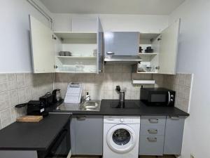 een keuken met een wastafel en een wasmachine bij Logement calme et cosy au Centre-Ville in Saint-Cyr-lʼÉcole