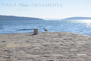 a bird standing on a stone pier next to the water at Apartments Villa Ornamenta - 5min to beach - free parking in Kaštela